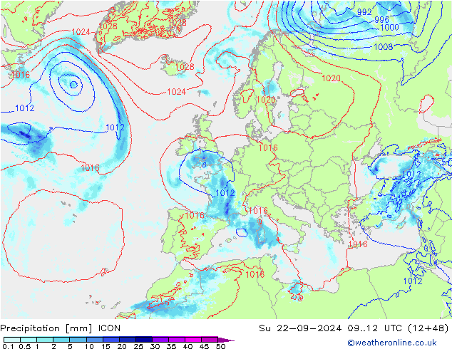 Precipitation ICON Su 22.09.2024 12 UTC