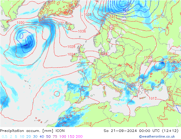 Precipitation accum. ICON сб 21.09.2024 00 UTC