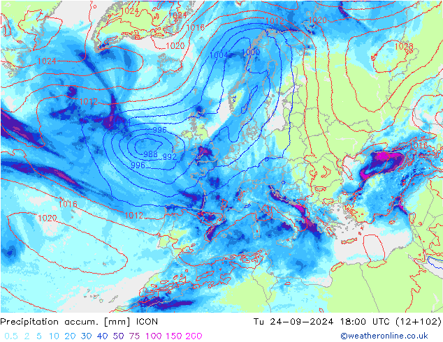 Precipitation accum. ICON вт 24.09.2024 18 UTC