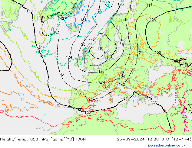 Height/Temp. 850 hPa ICON Do 26.09.2024 12 UTC