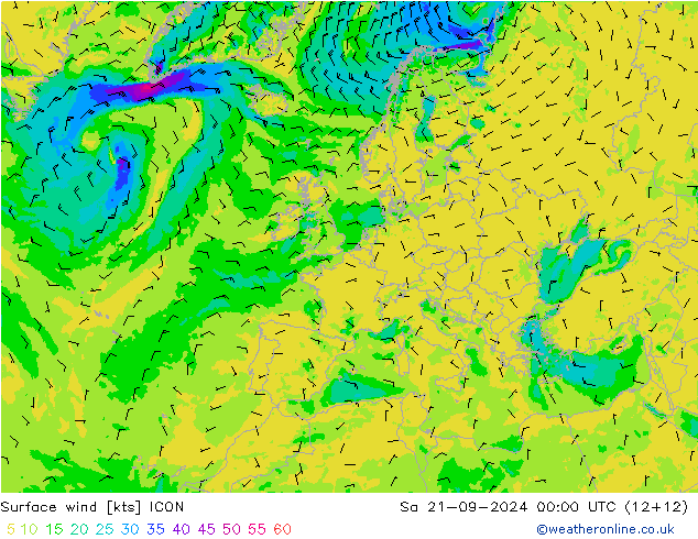 Wind 10 m ICON za 21.09.2024 00 UTC