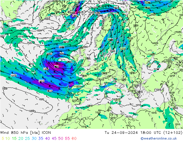 Wind 850 hPa ICON Tu 24.09.2024 18 UTC