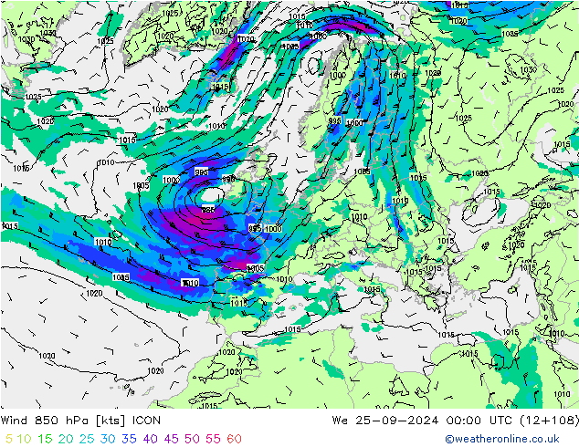 wiatr 850 hPa ICON śro. 25.09.2024 00 UTC