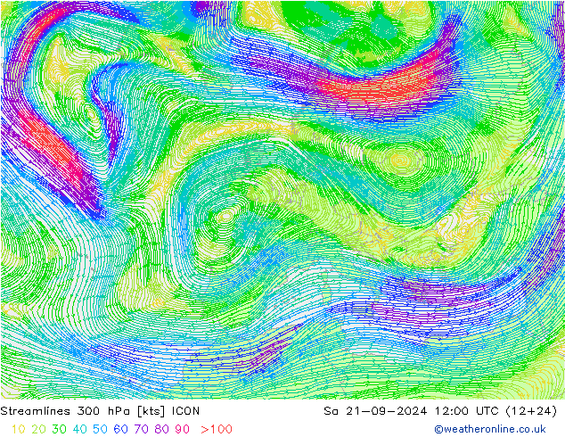 Stromlinien 300 hPa ICON Sa 21.09.2024 12 UTC