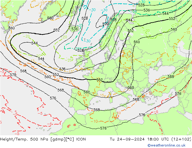 Hoogte/Temp. 500 hPa ICON di 24.09.2024 18 UTC