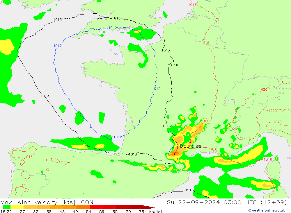 Max. wind velocity ICON Вс 22.09.2024 03 UTC