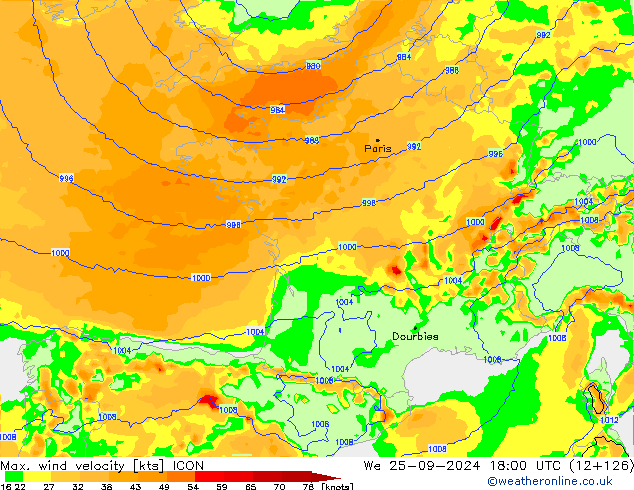 Max. wind velocity ICON śro. 25.09.2024 18 UTC