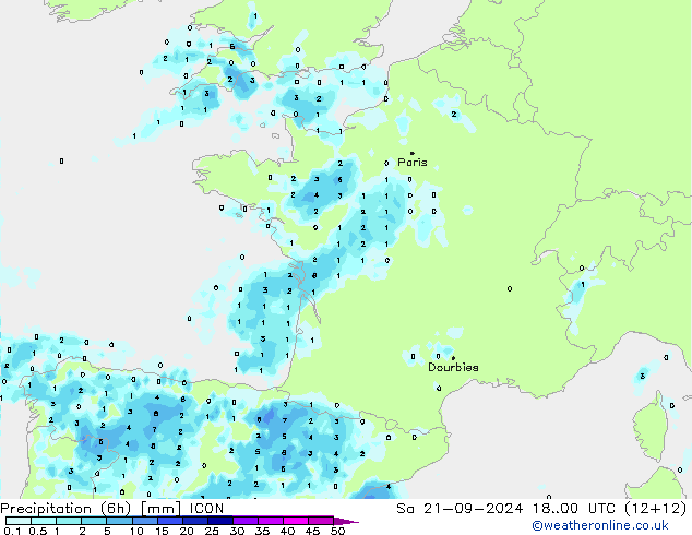 Totale neerslag (6h) ICON za 21.09.2024 00 UTC