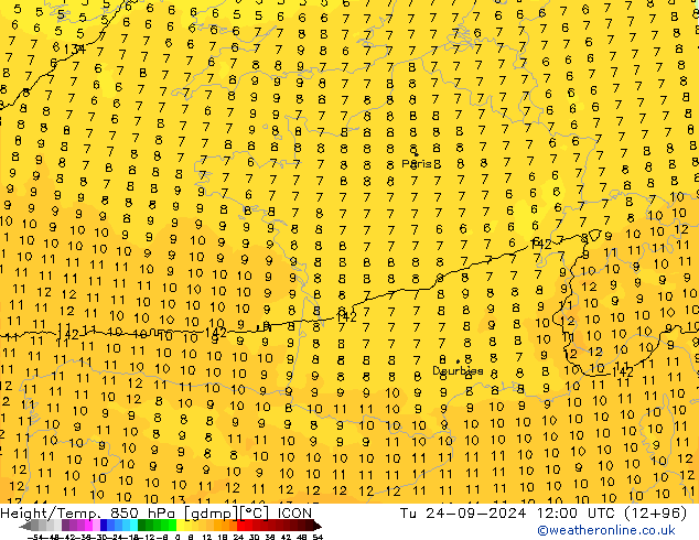 Height/Temp. 850 hPa ICON Út 24.09.2024 12 UTC