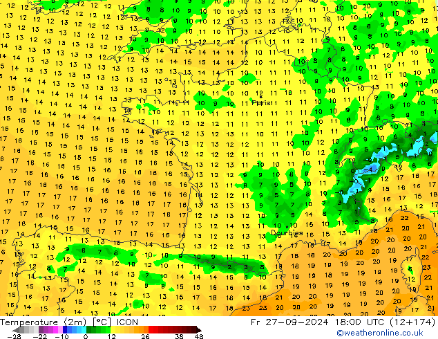 Temperature (2m) ICON Fr 27.09.2024 18 UTC