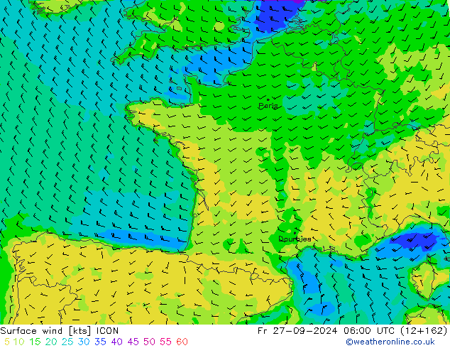 Vento 10 m ICON ven 27.09.2024 06 UTC