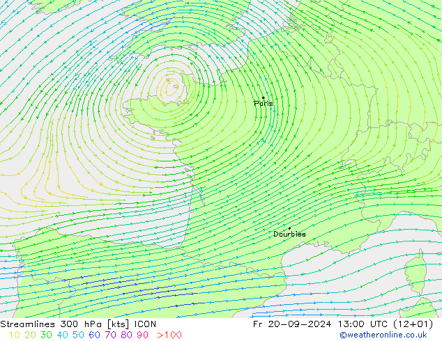 Rüzgar 300 hPa ICON Cu 20.09.2024 13 UTC