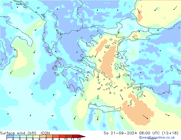 Surface wind (bft) ICON Sa 21.09.2024 06 UTC