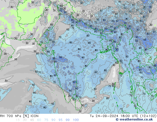 RH 700 hPa ICON Út 24.09.2024 18 UTC