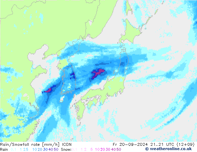 Rain/Snowfall rate ICON Pá 20.09.2024 21 UTC