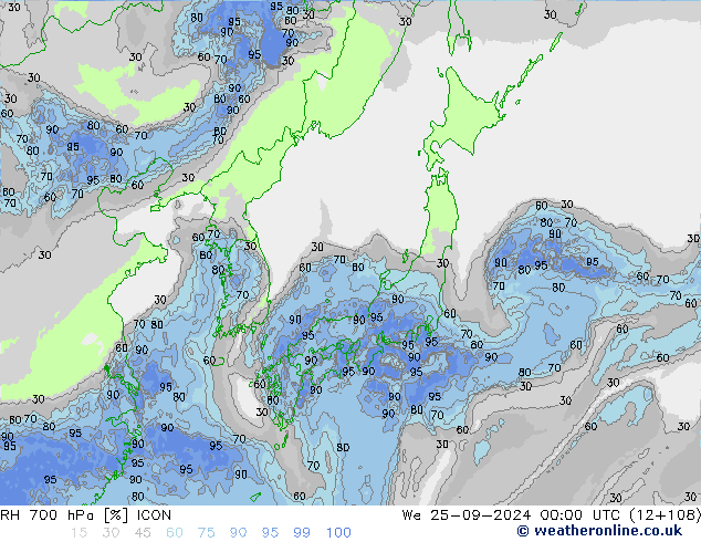 700 hPa Nispi Nem ICON Çar 25.09.2024 00 UTC