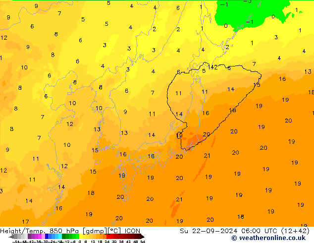 Height/Temp. 850 hPa ICON Su 22.09.2024 06 UTC