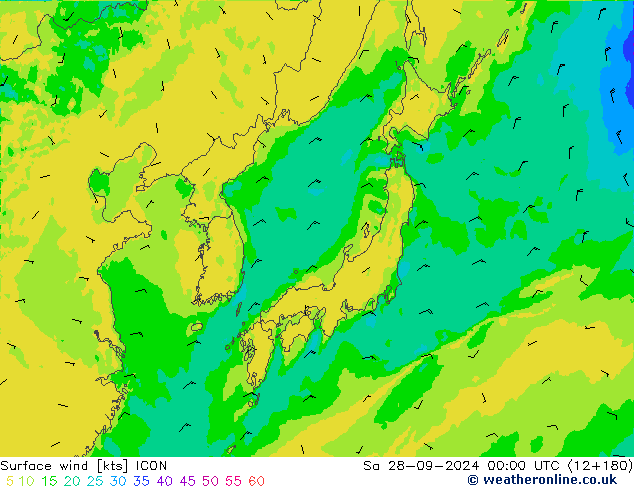 Wind 10 m ICON za 28.09.2024 00 UTC