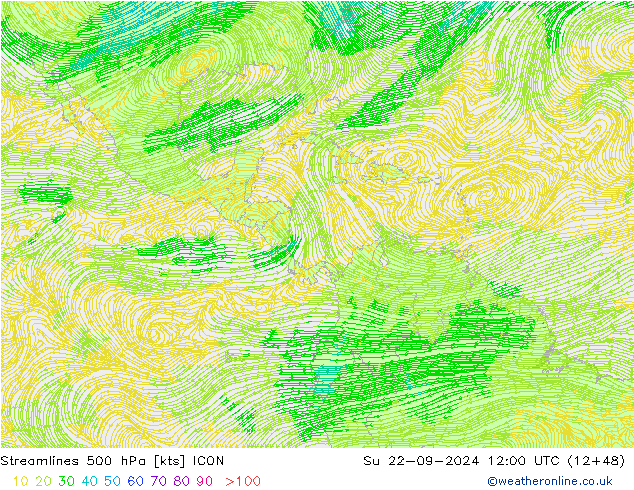 Stroomlijn 500 hPa ICON zo 22.09.2024 12 UTC