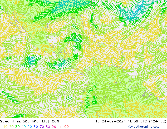 Ligne de courant 500 hPa ICON mar 24.09.2024 18 UTC