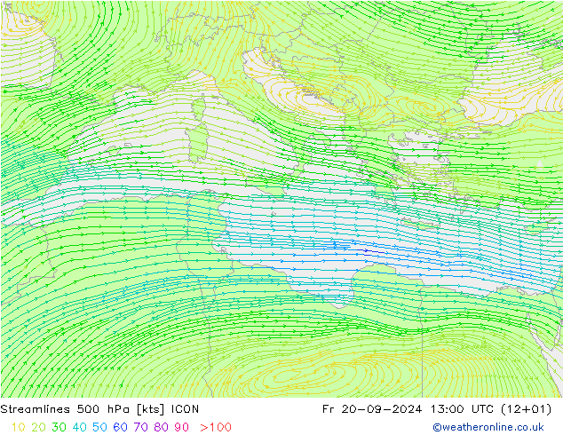 Streamlines 500 hPa ICON Fr 20.09.2024 13 UTC