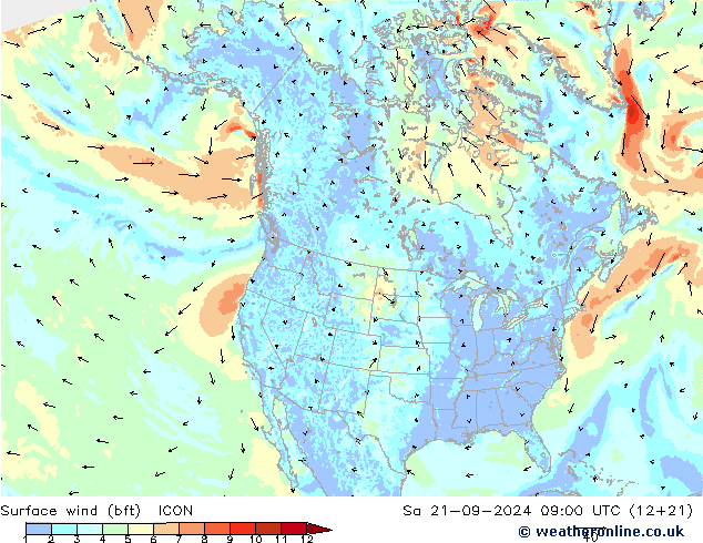 ве�Bе�@ 10 m (bft) ICON сб 21.09.2024 09 UTC