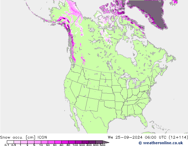 Snow accu. ICON śro. 25.09.2024 06 UTC