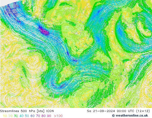 ветер 500 гПа ICON сб 21.09.2024 00 UTC