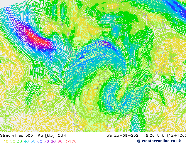 Streamlines 500 hPa ICON We 25.09.2024 18 UTC