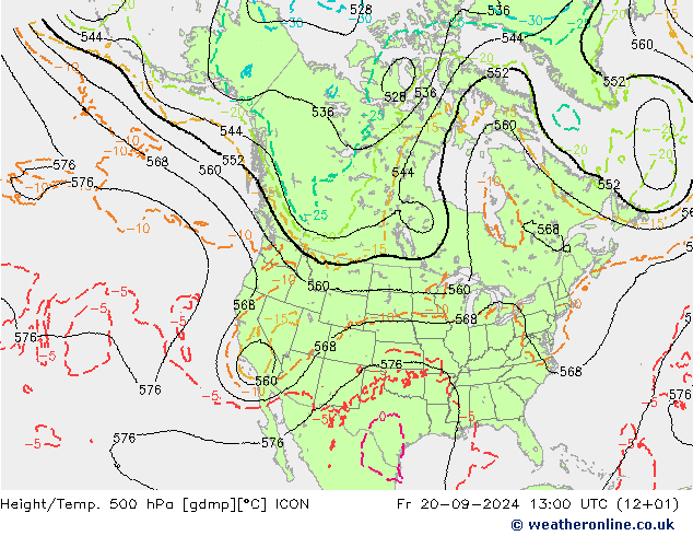 Height/Temp. 500 hPa ICON 星期五 20.09.2024 13 UTC