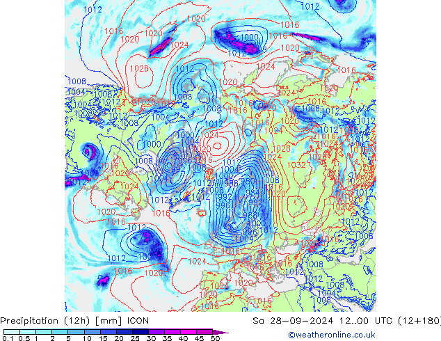 Precipitation (12h) ICON Sa 28.09.2024 00 UTC