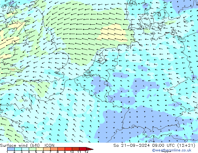 Surface wind (bft) ICON Sa 21.09.2024 09 UTC