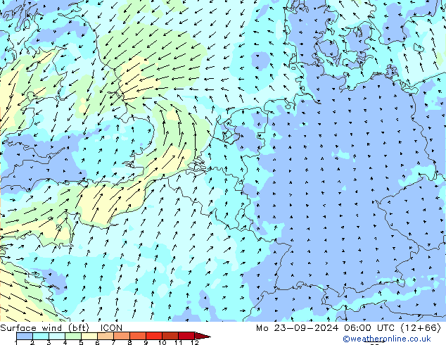 Surface wind (bft) ICON Po 23.09.2024 06 UTC