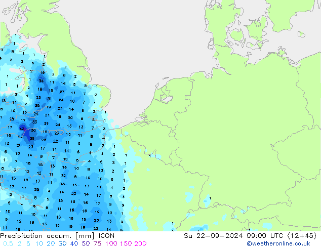 Precipitation accum. ICON Su 22.09.2024 09 UTC