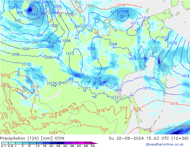 Totale neerslag (12h) ICON zo 22.09.2024 03 UTC