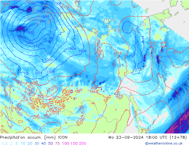 Precipitation accum. ICON pon. 23.09.2024 18 UTC