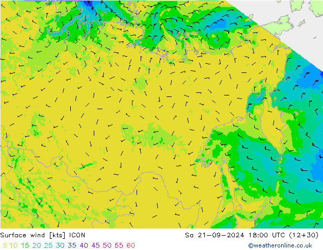 ветер 10 m ICON сб 21.09.2024 18 UTC