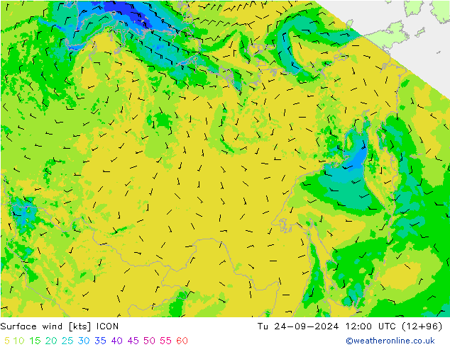 wiatr 10 m ICON wto. 24.09.2024 12 UTC