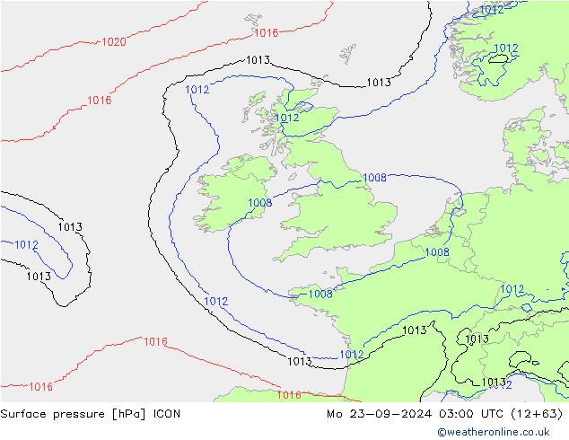 Pressione al suolo ICON lun 23.09.2024 03 UTC