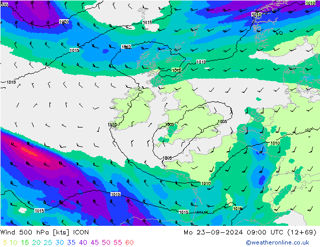 Wind 500 hPa ICON ma 23.09.2024 09 UTC