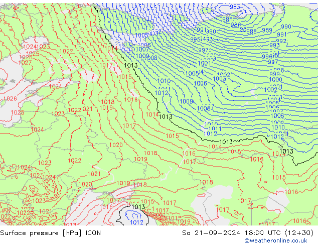 Pressione al suolo ICON sab 21.09.2024 18 UTC