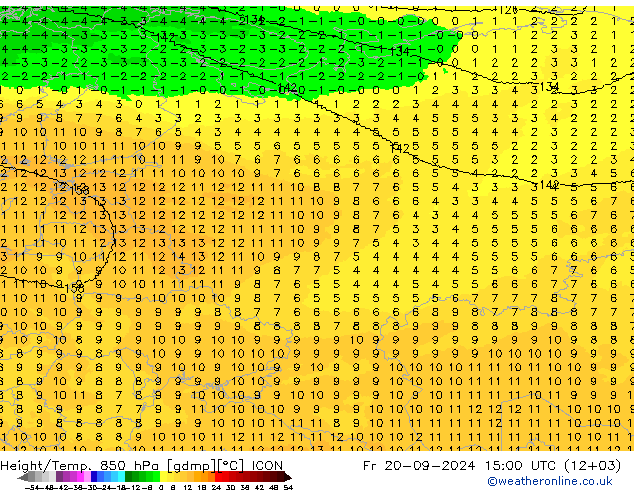 Height/Temp. 850 hPa ICON Fr 20.09.2024 15 UTC