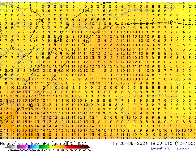 Height/Temp. 850 hPa ICON Čt 26.09.2024 18 UTC