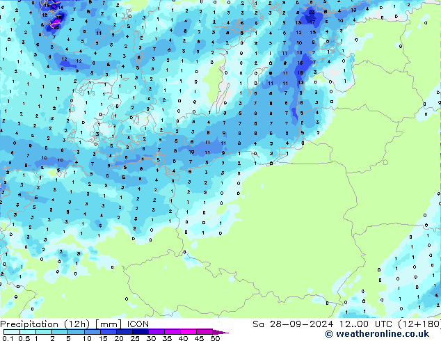 Précipitation (12h) ICON sam 28.09.2024 00 UTC