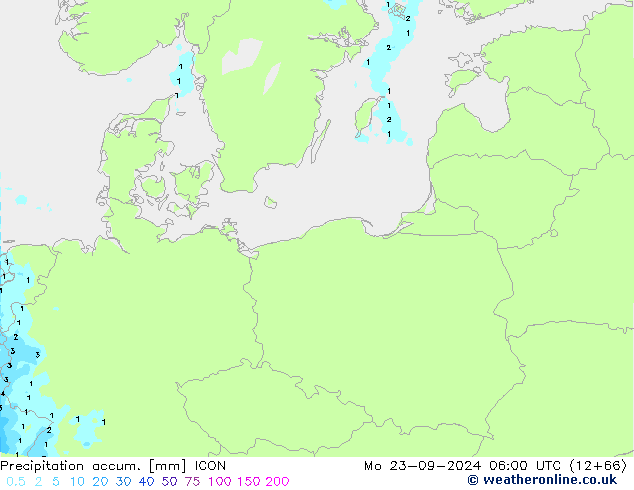 Precipitation accum. ICON Mo 23.09.2024 06 UTC