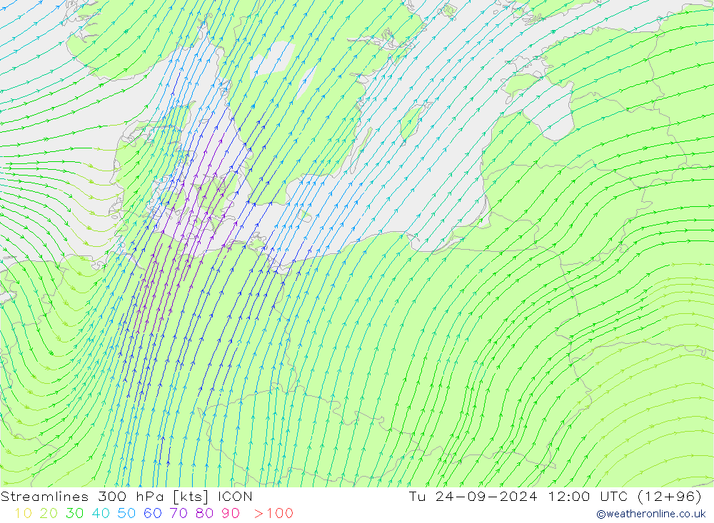 Linha de corrente 300 hPa ICON Ter 24.09.2024 12 UTC