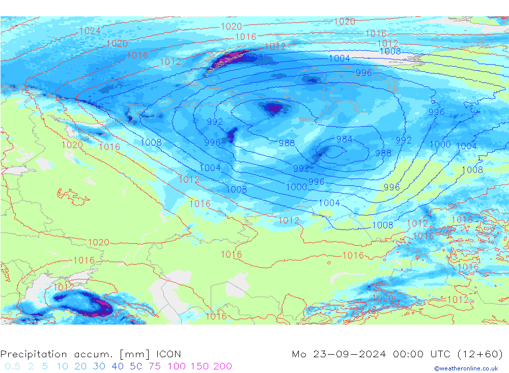 Precipitation accum. ICON Mo 23.09.2024 00 UTC