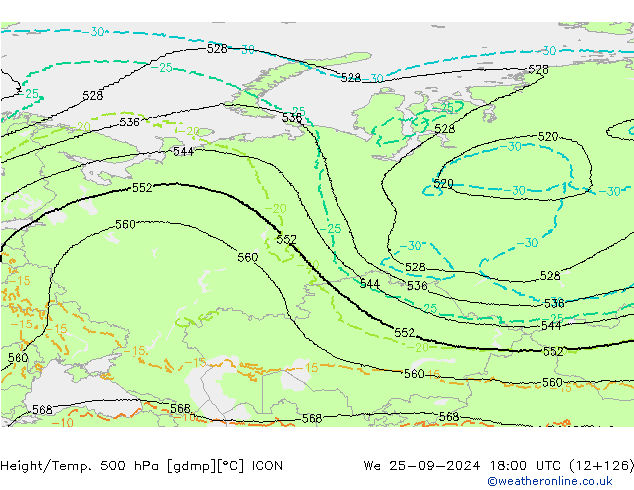 Geop./Temp. 500 hPa ICON mié 25.09.2024 18 UTC