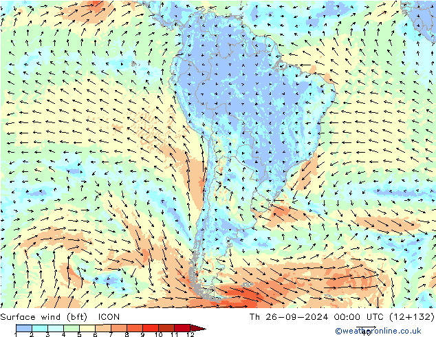 Vento 10 m (bft) ICON Qui 26.09.2024 00 UTC