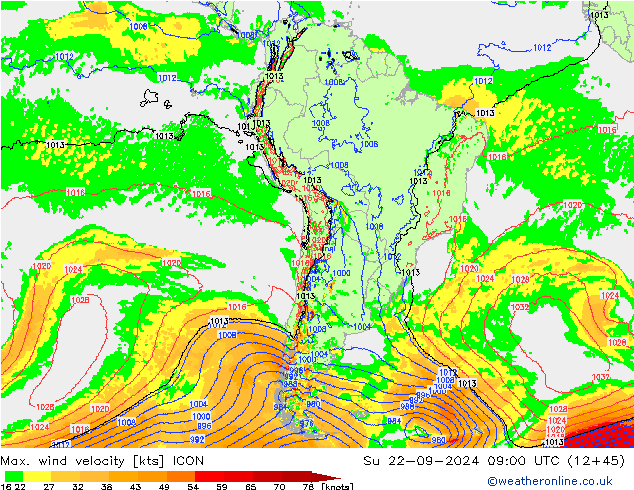 Max. wind velocity ICON Su 22.09.2024 09 UTC